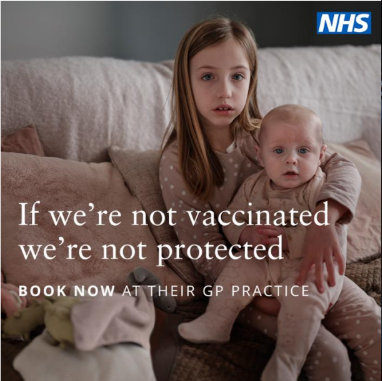 Picture of children with text reading "If we're not vaccinated we're not protected"